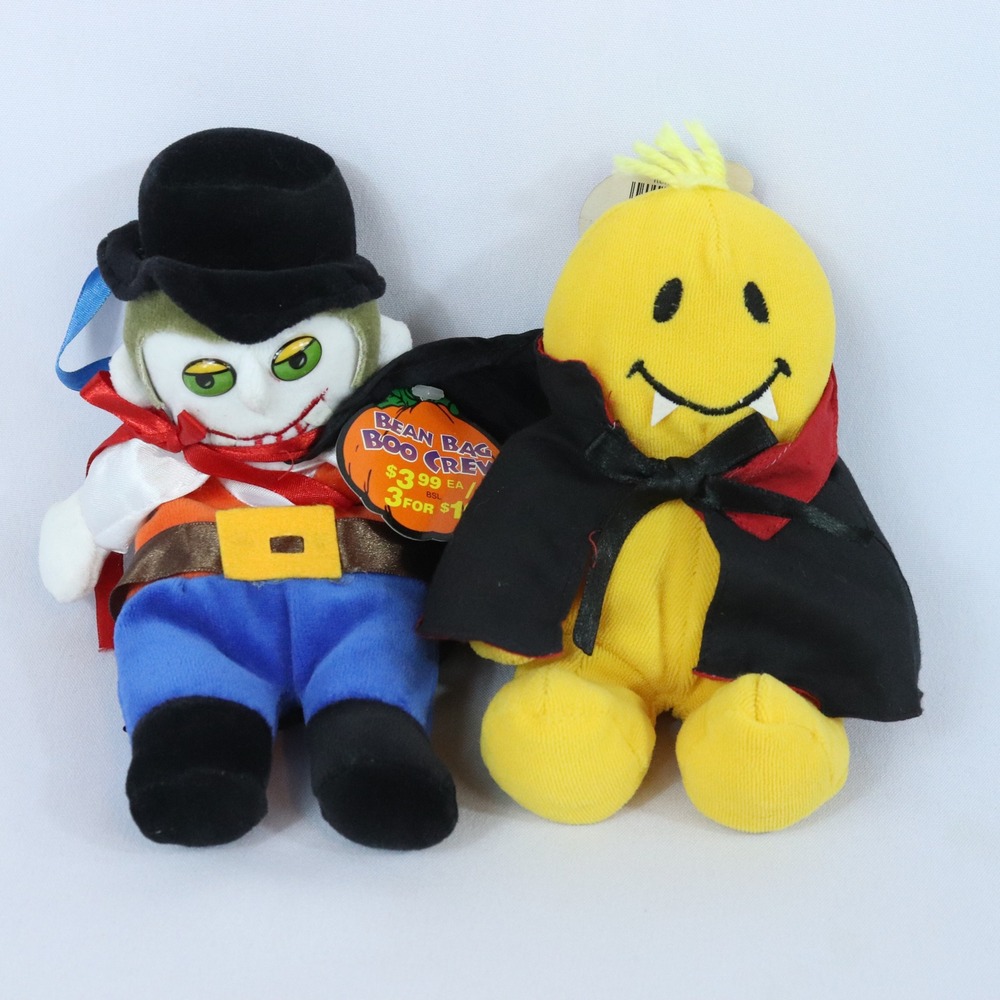 VTG Bean Bag Boo Crew Smiley Face & Drac Vampire Halloween Stuffed Plush w/ Tags
